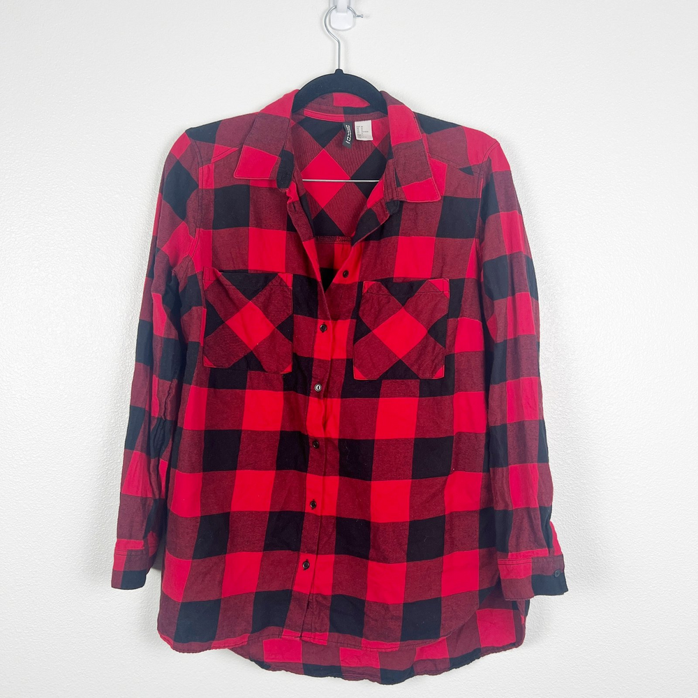 H&M Women's Button Front‎ Buffalo Plaid Shirt Red Black Sz 12